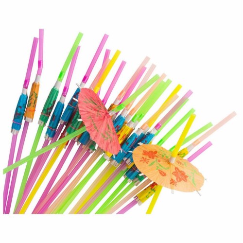 150x Disposable Tropical Hawaiian Luau Party Umbrella Cocktail Drink Straws Perspective: front