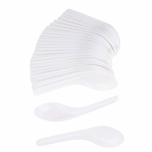 100-Pack Disposable Plastic Chinese Soup Spoons, White, 4.5 x 1.2 Inches Perspective: front