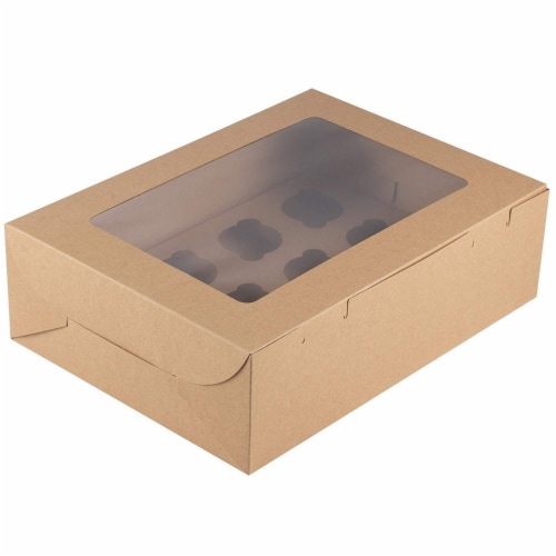 12-Pack Kraft Paper Cupcake Boxes Bakery Box with Display Window and Inserts Perspective: front