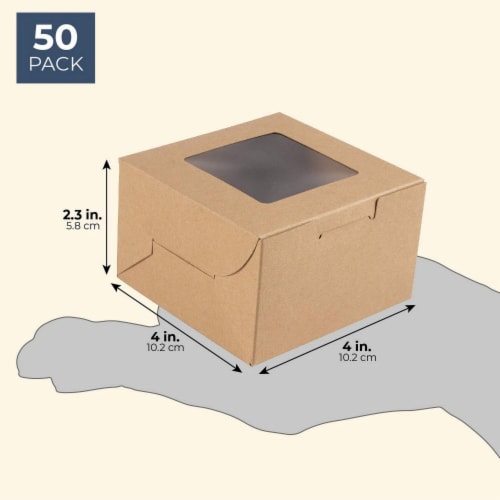 50-Pack Bakery Pastry Box with Clear Display Window, Donut, Mini Cake, Kraft Perspective: front