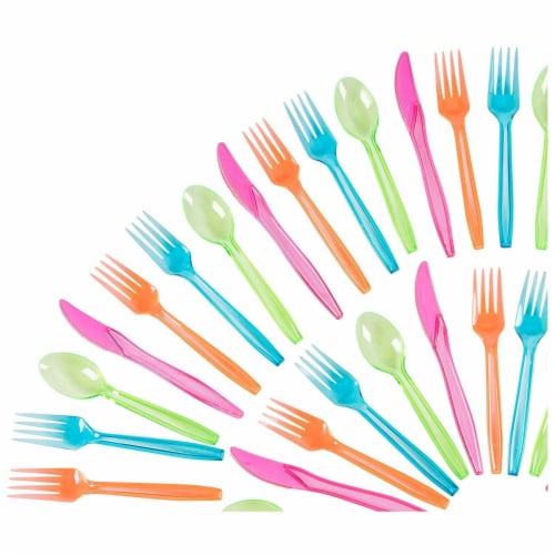 Plastic Silverware Set - 216-Piece Neon Cutlery in Green, Blue, and Pink Perspective: front