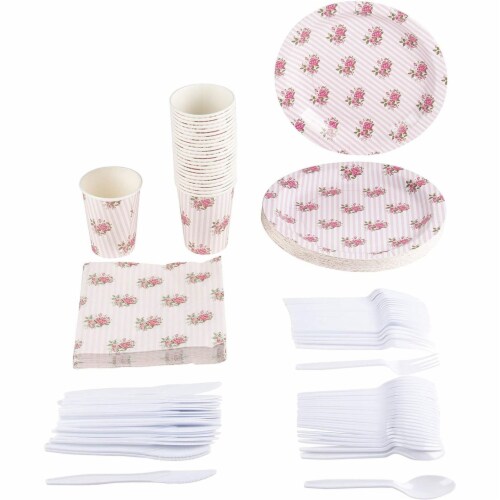 Details about   Pink Floral Party Supplies Napkins Cups And Plastic Cutlery 24, Paper Plates 
