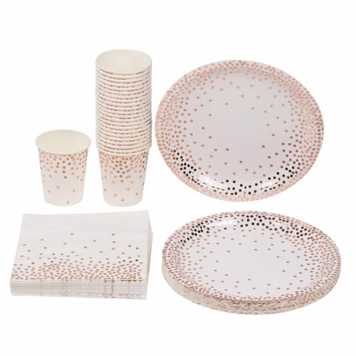 Disposable Dinnerware Set for 24  - Rose Gold Foil Dot Cutlery Party Supplies Perspective: front