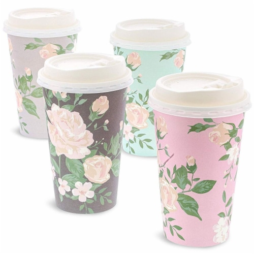 48 Pack Vintage Floral Paper Insulated Coffee Cups with Lids, 4 Designs, 16 Ounces Perspective: front