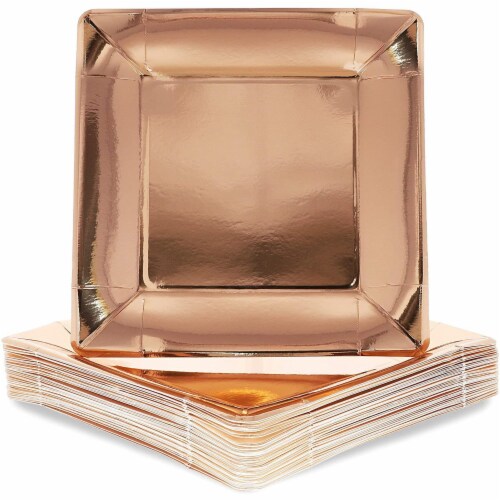 Square Rose Gold Foil Paper Party Plates for Lunch and Dinner (10 In, 48 Pack) Perspective: front