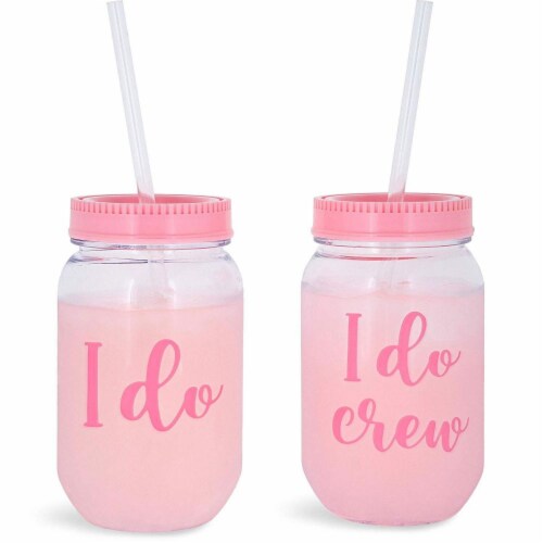 I Do Crew Plastic Mason Jars for Bachelorette Party, Bridal Shower (12 Pack) Perspective: front