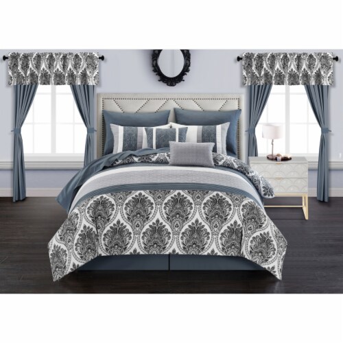 Vivaldi 20 Piece Comforter Set Medallion Quilted Embroidered Design Bed in a Bag Bedding Grey Perspective: front