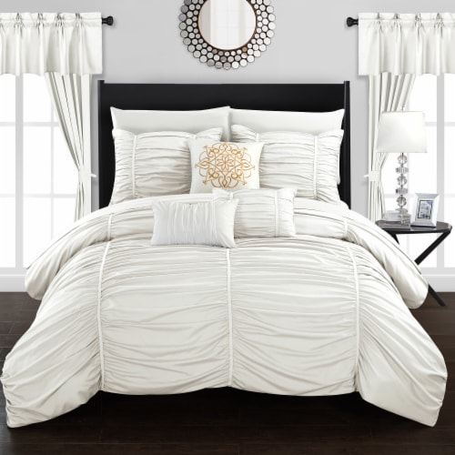 Gruyeres 20 Piece Comforter Set Ruffled Ruched Designer Bedding White King Perspective: front