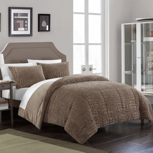 Alligator 3 Piece Comforter Set Faux Fur Micro Mink Alligator Skin Bedding Brown Queen, Queen
