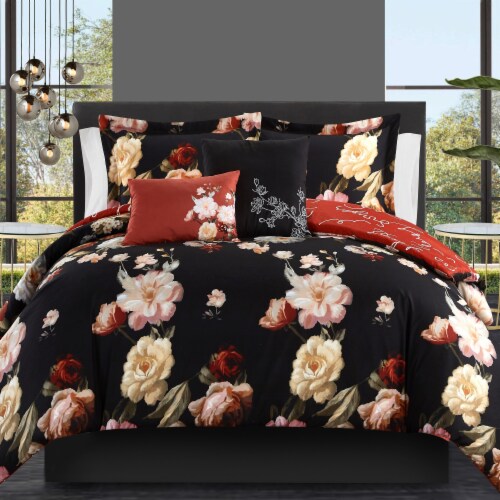 Vibrant Floral Print 5 or 4 piece Reversible Comforter Set Black