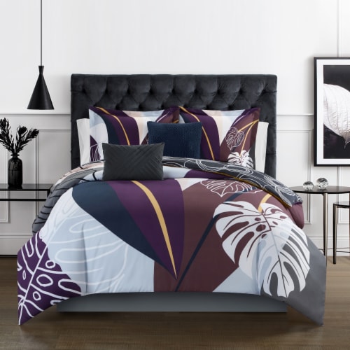 Emeraude 3 Piece Reversible Quilt Set Floral Print Cursive Script Design  Bedding Purple Queen, Queen - Foods Co.