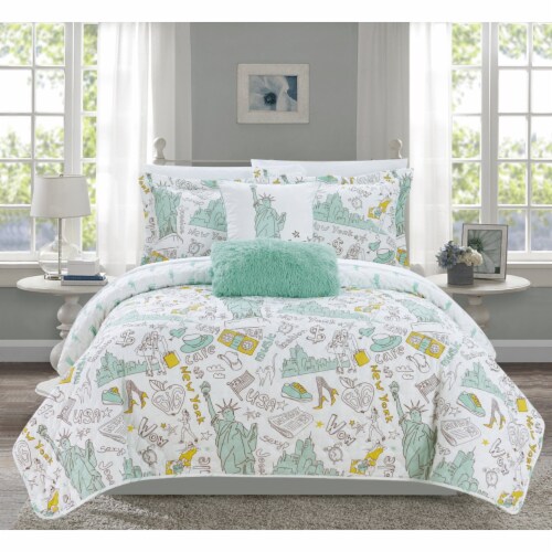 Bay Park 5 or 4 Piece Reversible Quilt Set Bay Park City Inspired Printed Design Coverlet Perspective: front