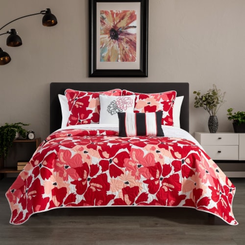 Aster 5 Piece Quilt Set Contemporary Floral Design Bedding Pink Twin Perspective: front