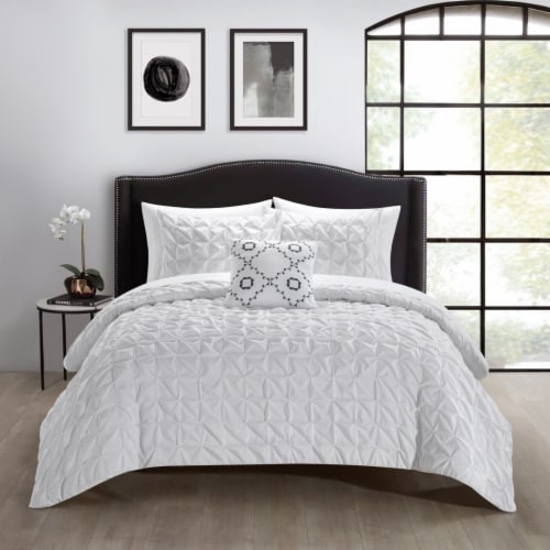 Edison 8 or 6 Piece Comforter Set Pinch Pleat Box Design Bed In A Bag Bedding White King -8 Perspective: front