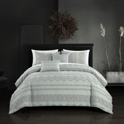 Jenson 5 Piece Comforter Set Jacquard Chevron Geometric Pattern Design Bedding Grey Queen Perspective: front