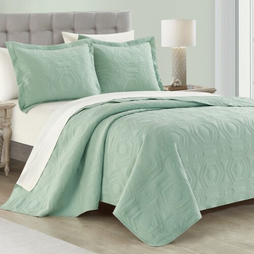 NY&C Home Rhapsody 3 Piece Quilt Set Geometric Hexagonal Pattern Bedding green king Perspective: front