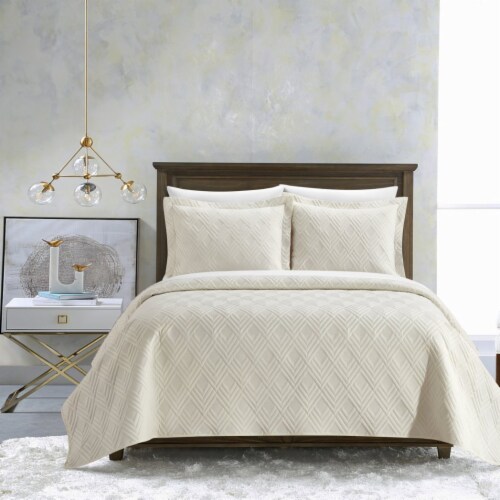 NY&CO Ahling 3 Piece Quilt Set Contemporary Geometric Diamond Pattern Bedding beige queen Perspective: front