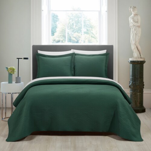 NY&CO Teagan 3 Piece Quilt Set Contemporary Organic Wave Pattern Bedding green queen Perspective: front