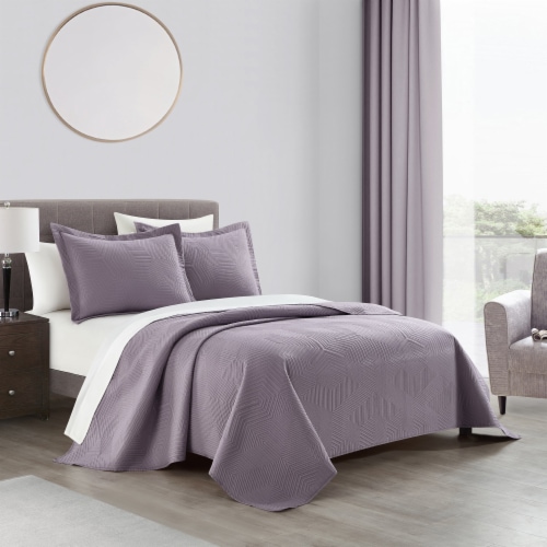 NY&CO Home Idge 3 Piece Quilt Set Y-Shaped Geometric Pattern Bedding purple king Perspective: front
