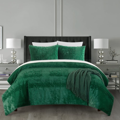 Amora 3 or 2 Piece Comforter Set Embossed Mandala Pattern Faux Fur green king Perspective: front