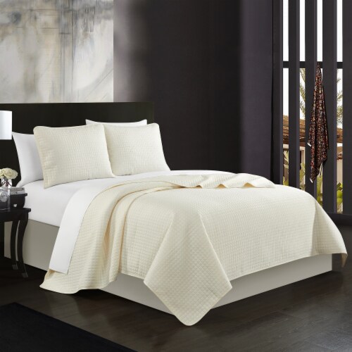 Atasha 3 or 2 Piece Quilt Set Box Stitched Design Bedding - Pillow Sham Included Beige Twin Perspective: front