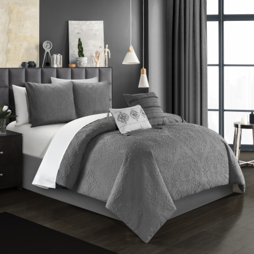 Magna 5 Piece Comforter Set Embossed Medallion Scroll Pattern Design Bedding Grey Twin - 4 Perspective: front