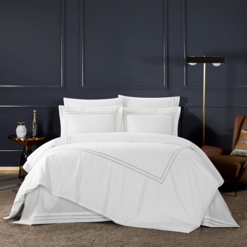 Alfrey 3 Piece Organic Cotton Duvet Cover Set Solid White With Dual Stripe Embroidered Border Perspective: front