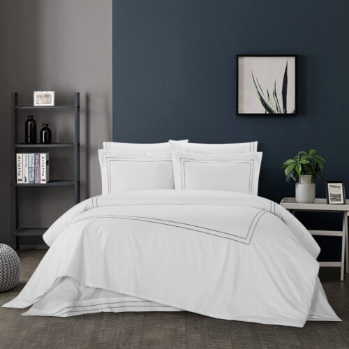 Alfrey 3 Piece Organic Cotton Duvet Cover Set Solid White With Dual Stripe Embroidered Border Perspective: front