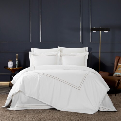 Alfrey 3 Piece Organic Cotton Duvet Cover Set Solid White With Dual Stripe Embroidered Border Perspective: front
