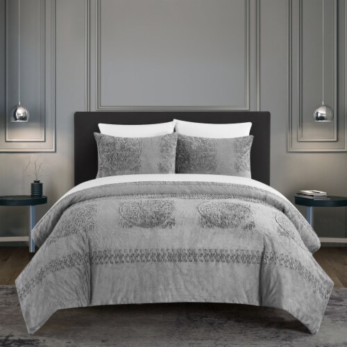 Amora 3 or 2 Piece Comforter Set Embossed Mandala Pattern Faux Fur grey twin Perspective: front