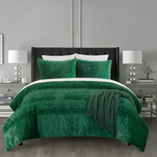 Amora 3 or 2 Piece Comforter Set Embossed Mandala Pattern Faux Fur green twin Perspective: front