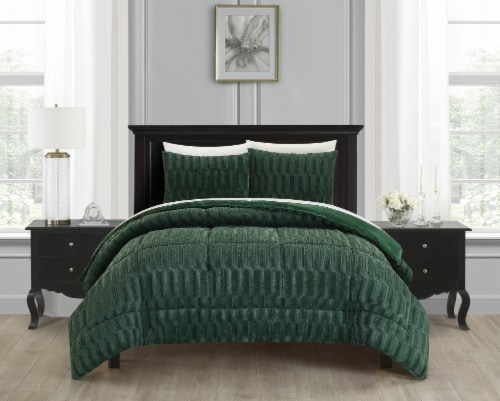 Farca 3 or 2 Piece Comforter Textured Geometric Pattern Faux Micro-Mink Backing green twin - Perspective: front