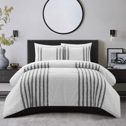 Salma 3 Piece Cotton Duvet Cover Set Clip Jacquard Striped grey queen Perspective: front