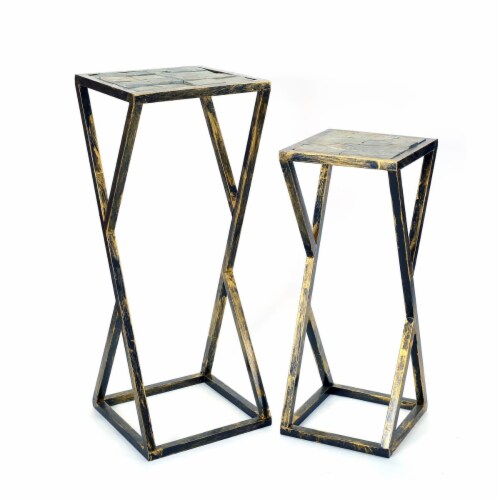 31.2 and 25.25 Tall Grey Stone Slab Black and Gold Plant StandMetal Perspective: front