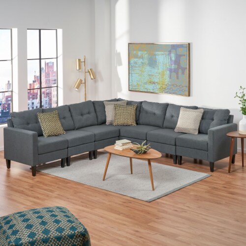 Niya Mid Century Modern 7 Piece Fabric Extended Sectional Sofa gray Perspective: front