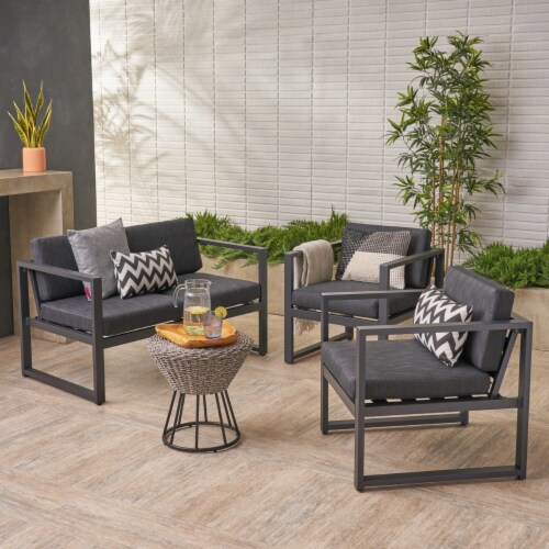 Navan Outdoor 4 Seater Aluminum Chat Set Silver with Dark Grey Cushions 4 seater Pick n Save