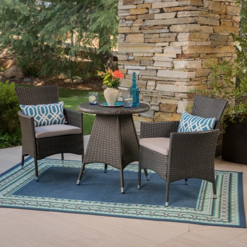 Frank Outdoor 3 Piece Wicker Bistro Set Grey with Silver Cushions