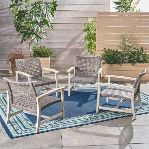 Viola Outdoor Wood and Wicker Club Chairs Gray Finish + Mixed Black Set of 4 Perspective: front