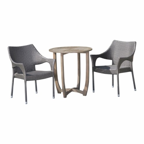 Mann Outdoor 3 Piece Wood and Wicker Bistro Set, Gray and Gray Perspective: front