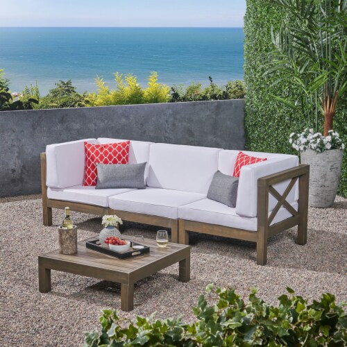 Great Deal Furniture Keith Outdoor Sectional Sofa Set with Coffee Table 3 Seater Acacia 1 unit Mariano s
