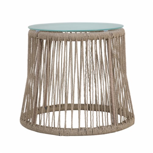 Karen Outdoor Side Table, Steel and Rope, Tempered Glass Table Top, Boho Brown Perspective: front