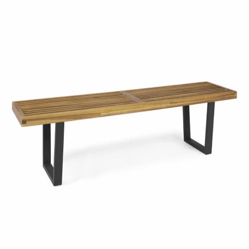 Joa Patio Dining Bench, Acacia Wood with Iron Legs, Modern, Contemporary Teak Finish Perspective: front