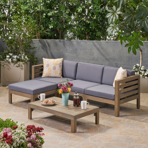 Alice Outdoor 5 Piece Acacia Wood Sofa Set gray finish dark gray