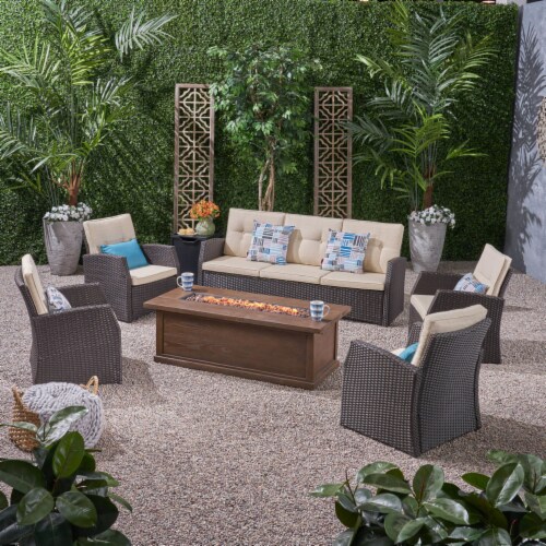 Great Deal Furniture Jake Outdoor 7 Seater Wicker Chat Set with Wood