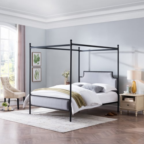 Asa Queen Size Iron Canopy Bed Frame with Upholstered Studded