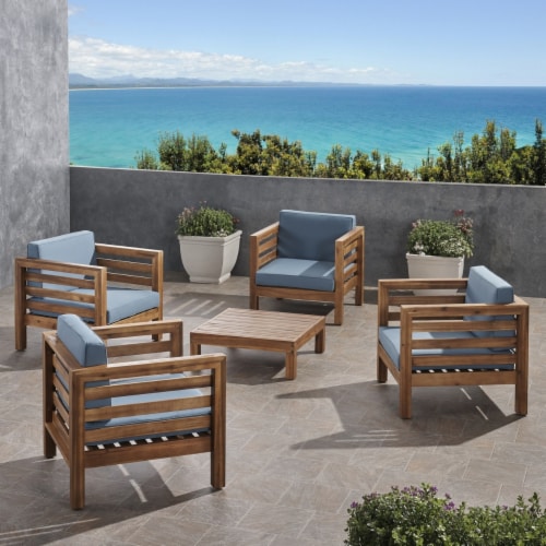 Emma Outdoor 4 Seater Acacia Wood Club Chair and Coffee Table Set teak blue 1 unit Harris Teeter