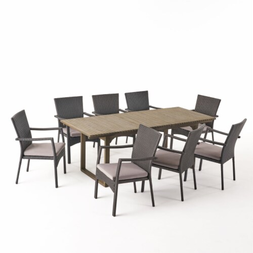 Cassie Outdoor 8 Seater Expandable Wood and Wicker Dining Set 1