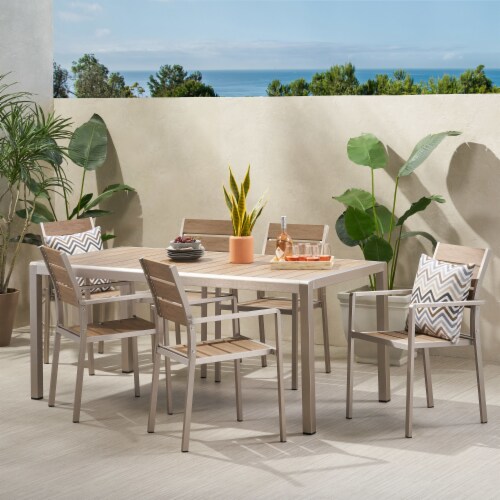 Martina Outdoor Modern Aluminum and Faux Wood 6 Seater Dining Set