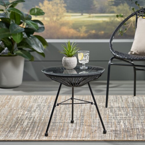 Christina Outdoor Modern Faux Rattan Side Table with Tempered Glass Top