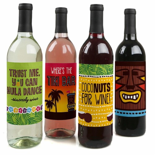 Big Dot of Happiness Tiki Luau - Tropical Summer Party Decor Wine Bottle Label Stickers 4 Ct Perspective: front
